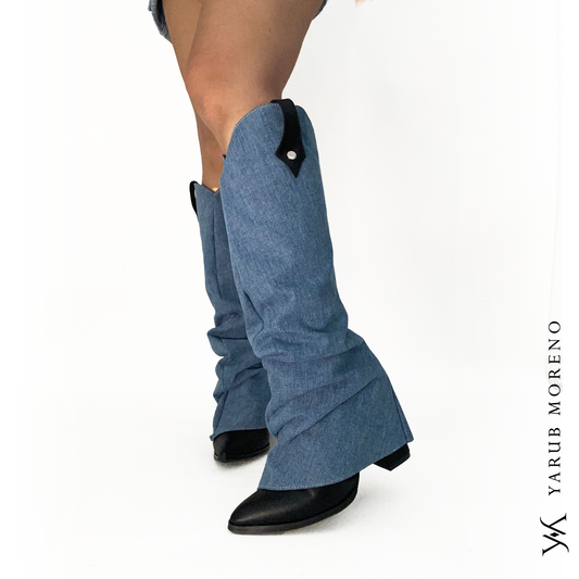 Botas de mujer, 2 en 1, color negro con capa de mezclilla